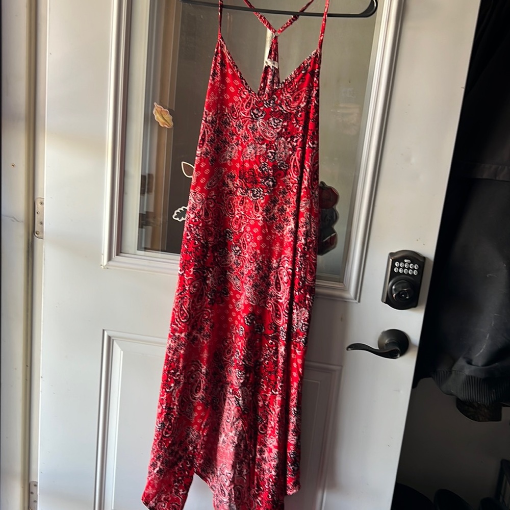 Red handkerchief patterned spaghetti strap dress with pockets